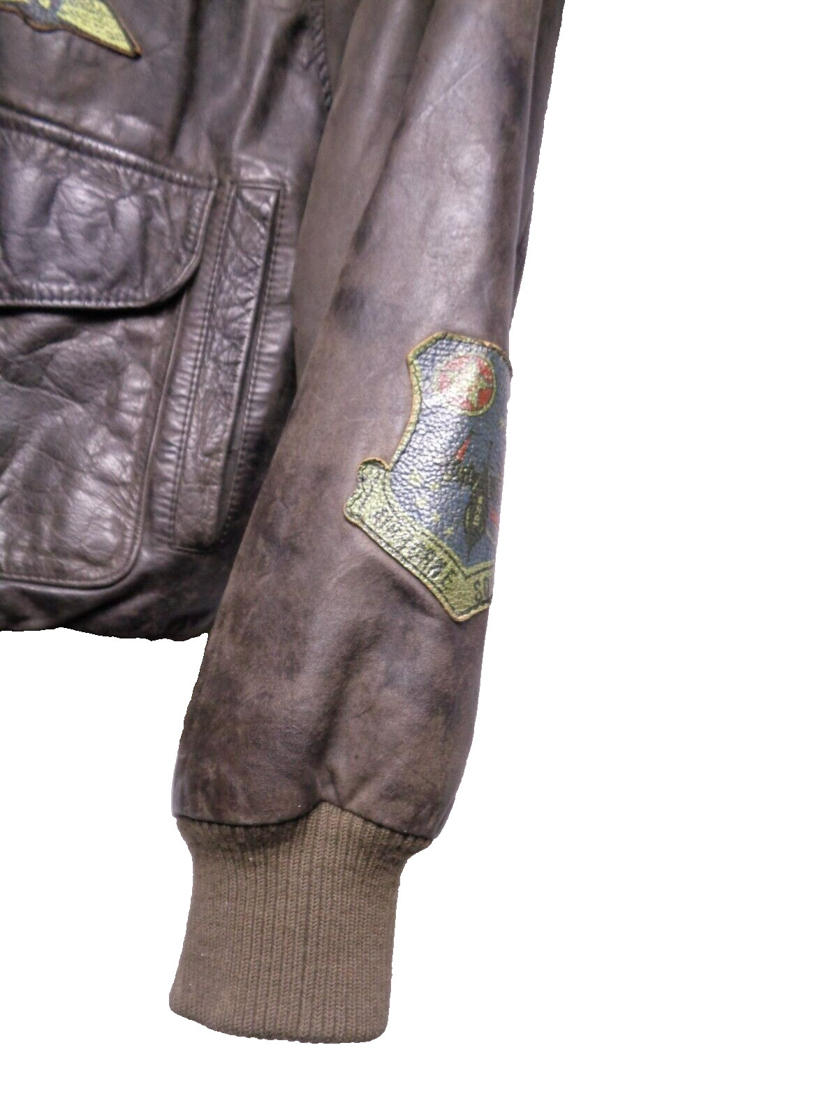 Mens Decorated Leather Jacket Global Identity Brown Airforce Bomber Sz Large VTG image 7
