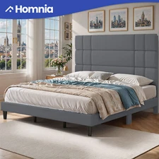 King Size Bed Frame Upholstered Linen Fabric Headboard Wooden Slats Support Bar