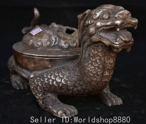 9.2" Old China Silver Fengshui Dragon Tortoise Turtle Beast Incense Burner - Picture 10 of 13