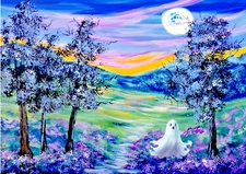 Full moon landscape painting print of original 2.5x3.5 ACEO ghost lavender mini
