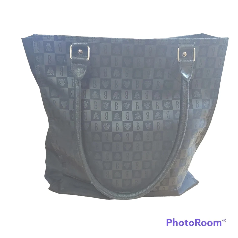 Bolso de Mano Princesa Marcella Borghese Lona Oficina Negro Logo Cartera Asas de Cuero   Foto 3 de 4