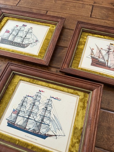Set of 3 Vintage Wood Framed Etching Art Prints 12" x 15" Gold Velvet Matte
