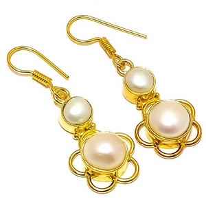 Authentic Natural Fresh Water Pearl 18k Yellow Gold Plated Earring 1.64" E7-315