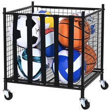 Rolling Sports Ball Storage Cart, Lockable Basketball Cage with Elastic Straps,