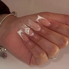 French Tip Press on Nails Medium Long Nude Square Fake Nails Press ons White 