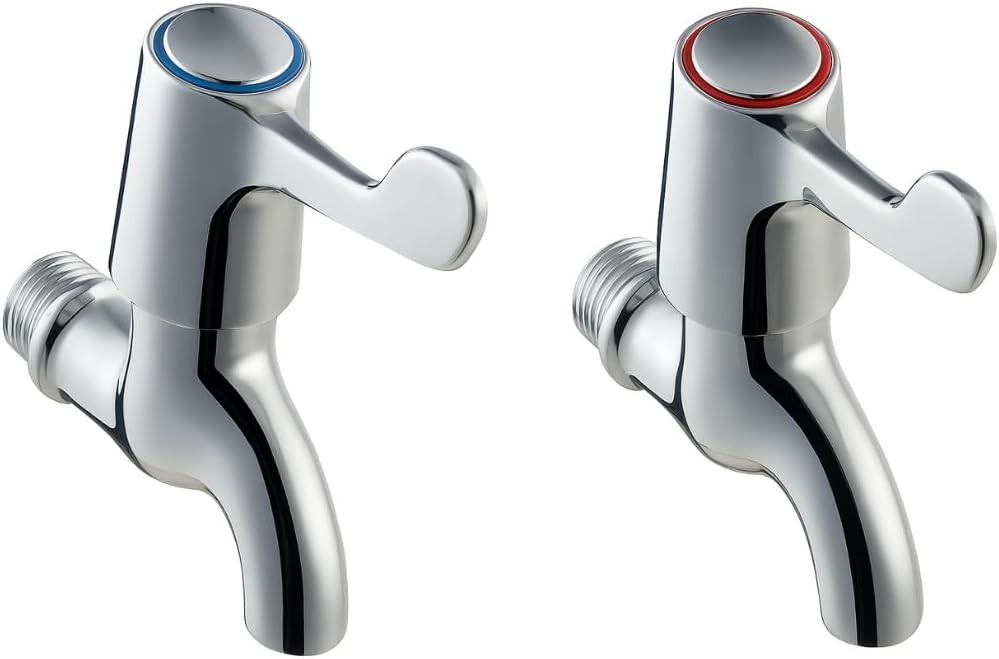Heavy Duty Chrome Lever Action Bib Taps Pair | Hot & Cold Wall Mounted Taps