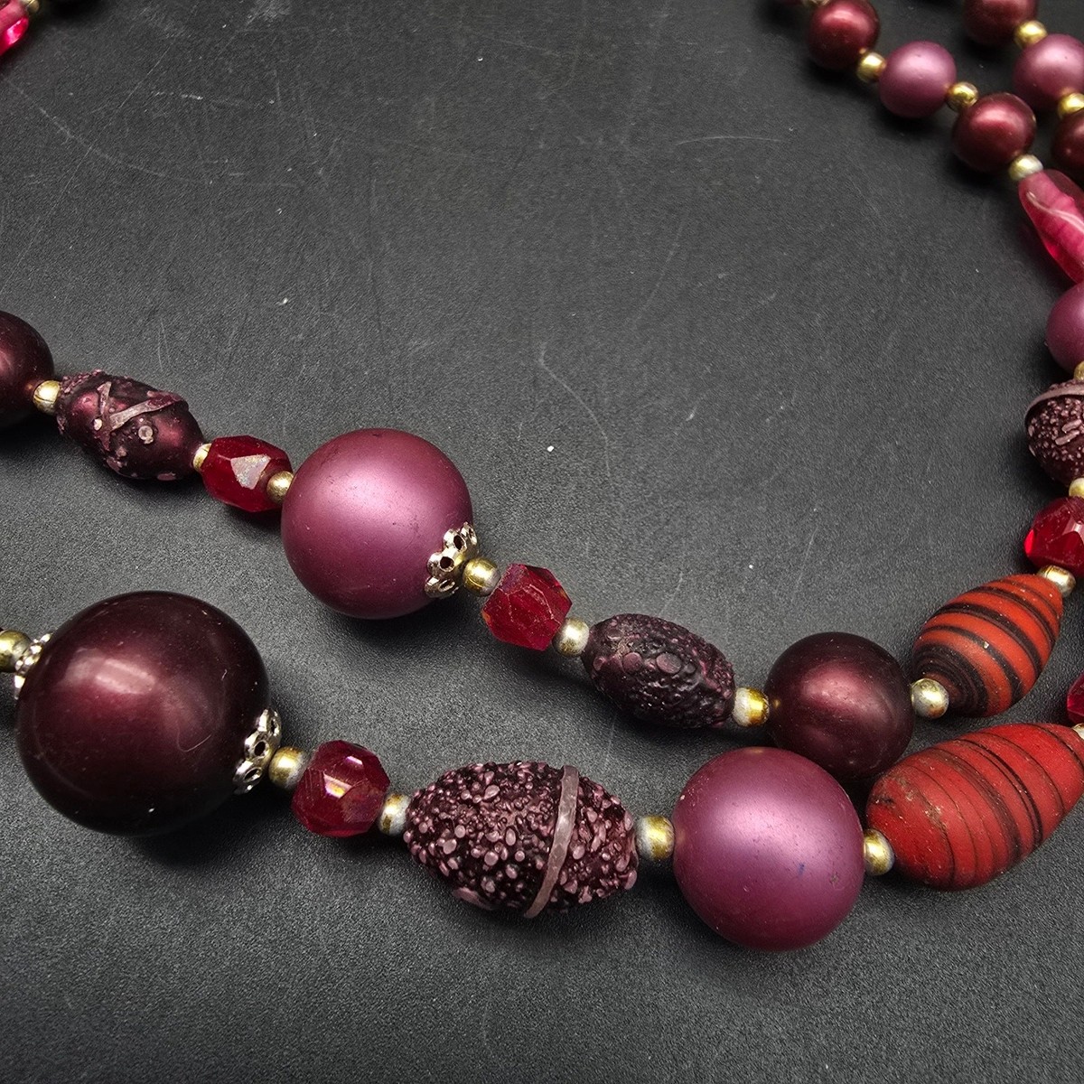 Vintage Japan Purple Red Beaded Necklace Double Strand Multi Layer View 3
