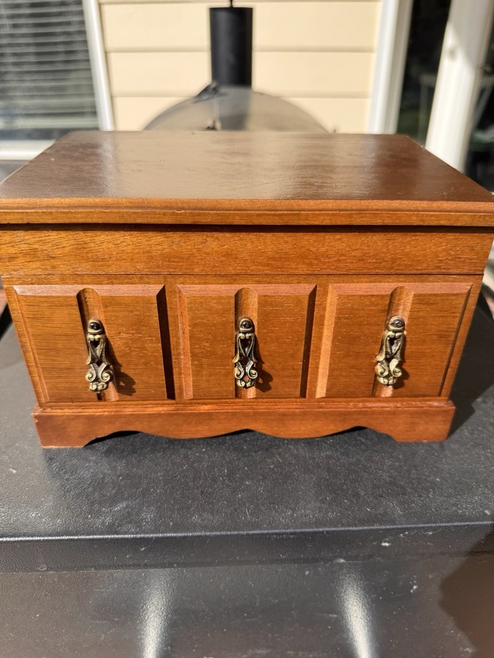 A genuine MCM Price Imports Japan jewelry music box with blue velvet interior and mirror — mid-century kitsch at its most charming and still working.
