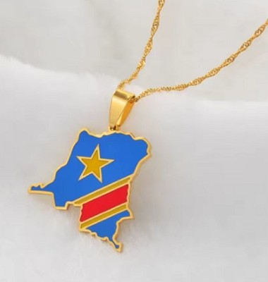 Gold Democratic Republic of The Congo Flag Map Necklace Pendant & Chain UK Shop
