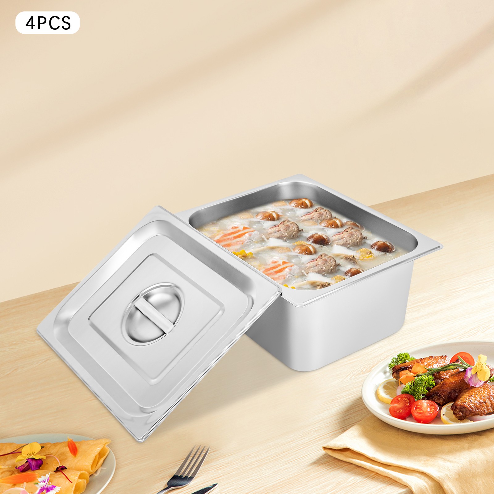 4-Pack GN Behälter Edelstahl Gastronomiebehälter mit Deckel 1/2 Größe 6" Tiefe