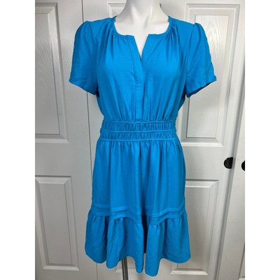 Tahari Women's Dress Size Large Tiered Blue Shortsleeve Split Neckline Casual