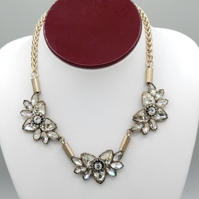 Express Floral Gold Tone Necklace Prong Set Cabochons Crystal Accents 16''