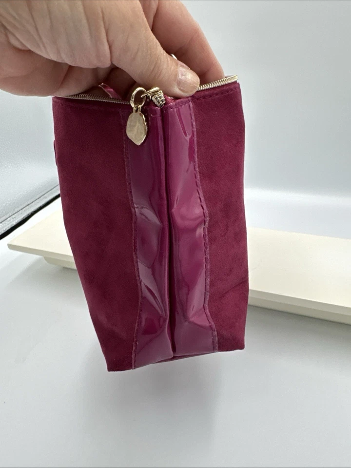 Lancome Paris Makeup Cosmetic Bag Hot Burgundy Faux Suede And Patient Leather - Image 2 of 4