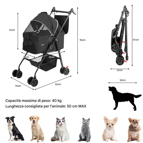 Passeggino per Animali Domestici Cestello Rimovibile Carrozzina Cani Gatti Nero - Foto 6 di 7