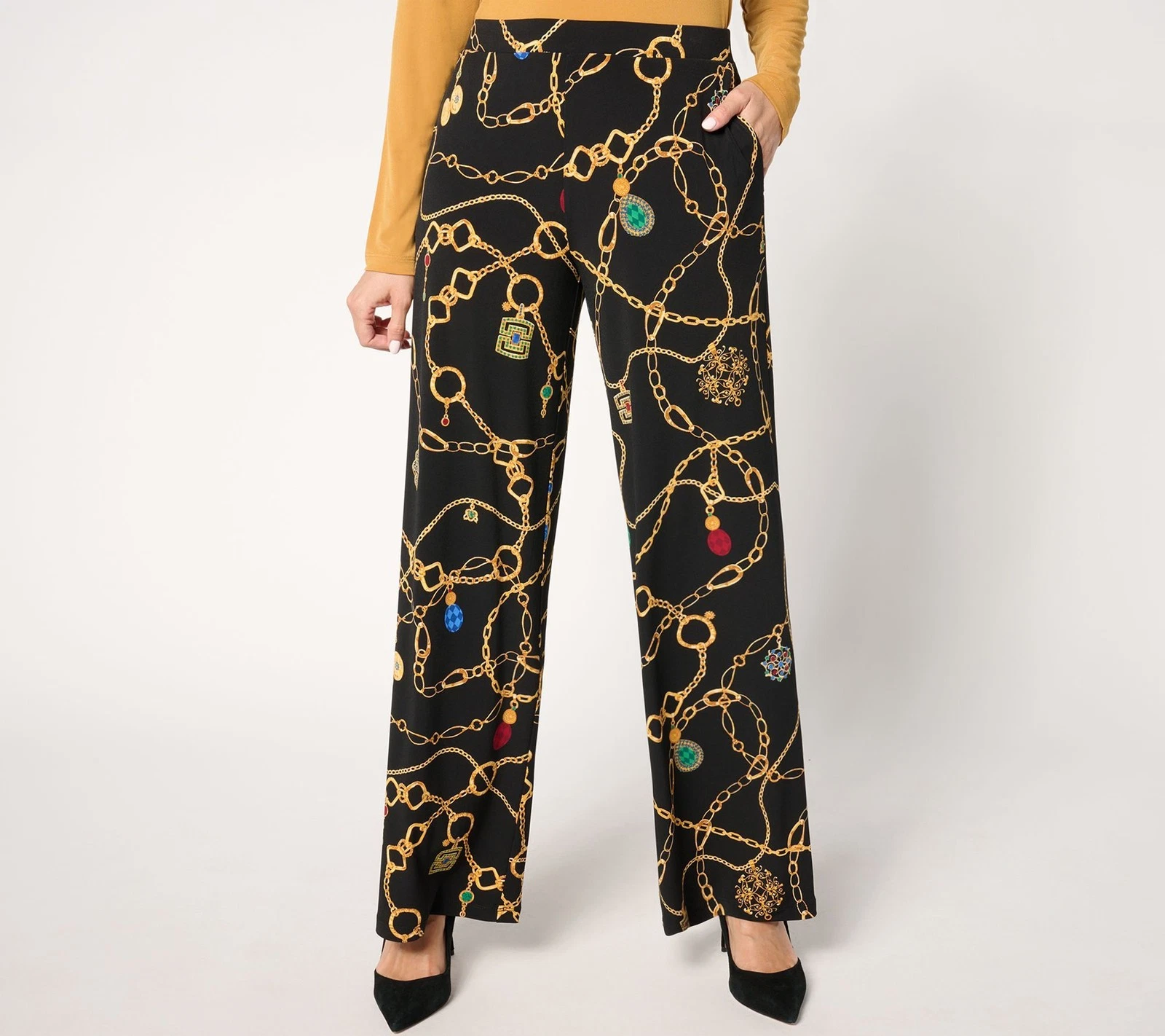 Susan Graver Women's Pants Sz XL Printed Liquid Knit Pull-On Wide Black A672493