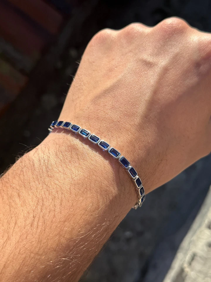 Brazalete de eslabones de zafiro azul de lujo tenis zafiro plateado Foto 4 de 4