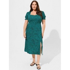 Torid Tea Length Stretch Challis Sweetheart A-line Dress 0 Teal Smocked EUC