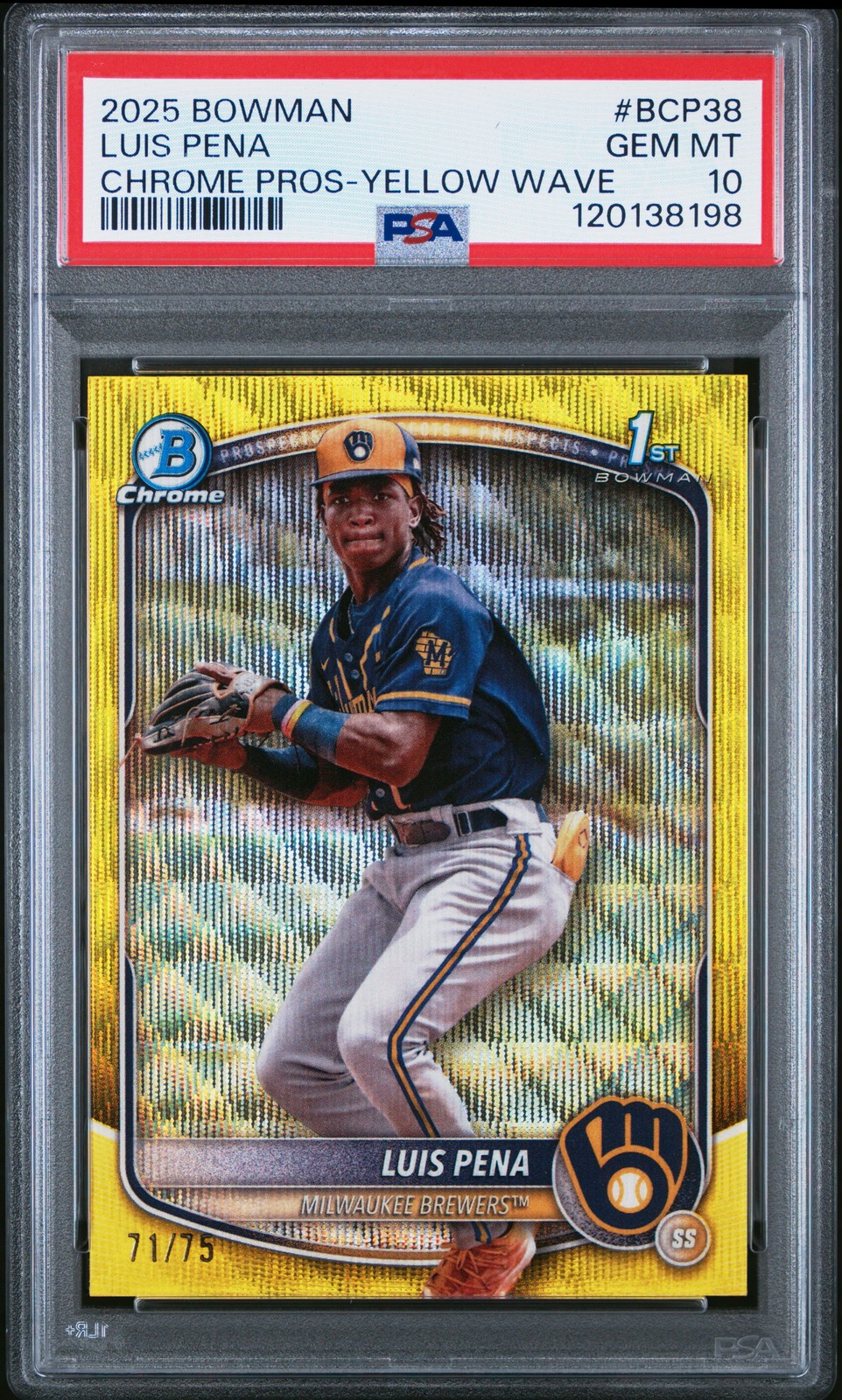 2025 Bowman Luis Pena #BCP-38 Yellow Wave 1st Bowman Chrome 71/75 PSA 10