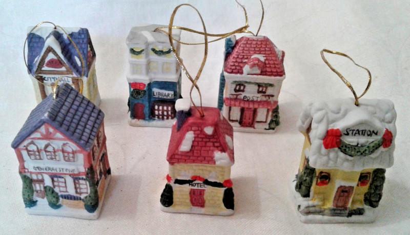Vintage Set of 6 Miniature Ceramic Town Buildings Christmas Ornaments