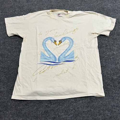 Anvil T-Shirt Mens XL Cream Vintage Swan Heart Graphic Cotton Made in USA 90s