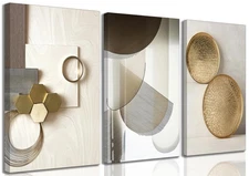 3 Pcs Abstract Gold Geometric Boho Canvas Wall Art Mid Century Modern Minimal...