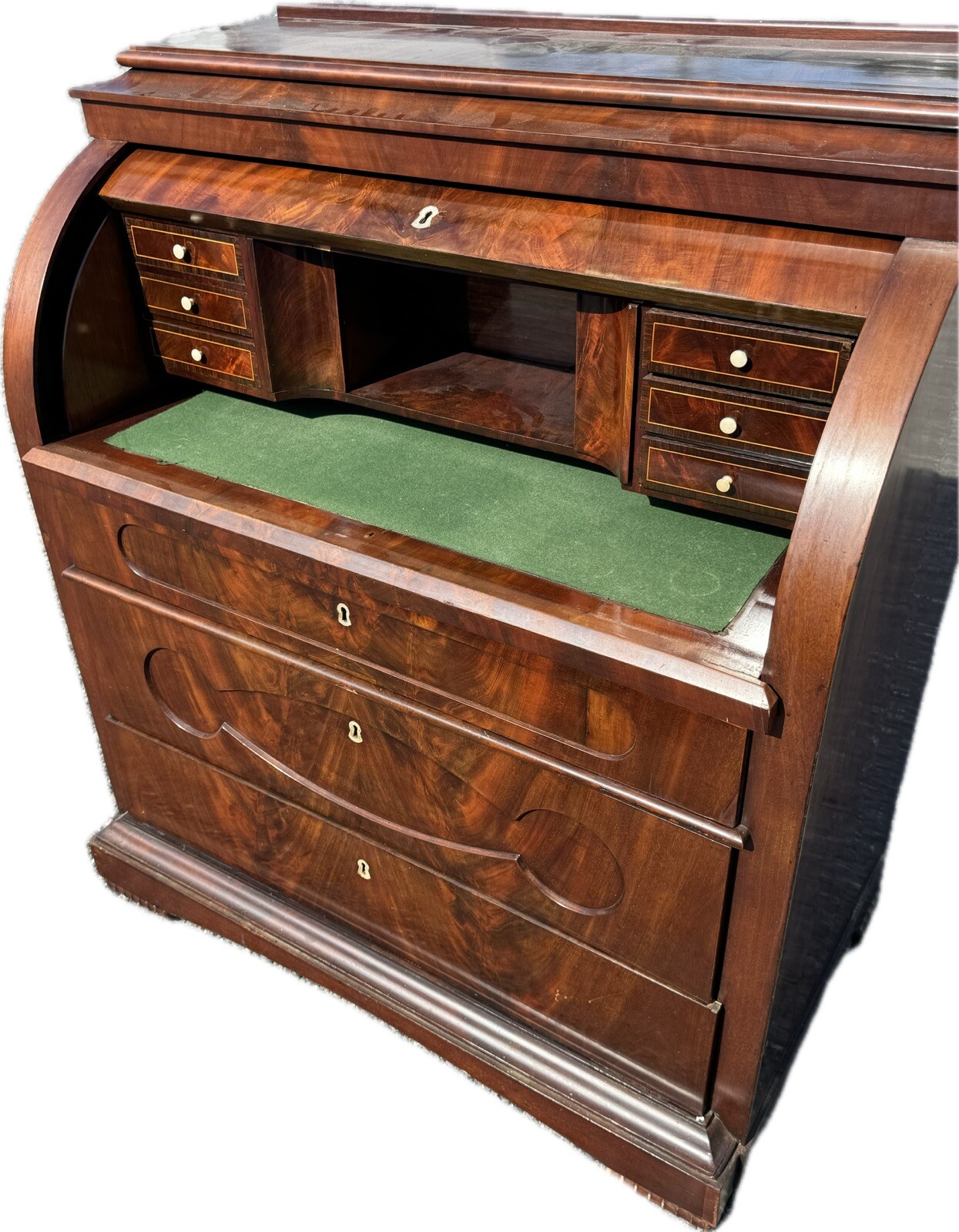 BIEDERMEIER BUREAU A CYLINDRE FLAME MAHOGANY Secretary Desk ￼
