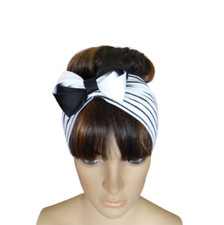 White And Black Stripe Headband. Bow Cute Handmade Hairband. Adult Hair Wrap.