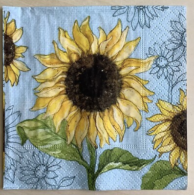 TWO Sunflower Sunflowers Paper Napkins Decoupage Summer Fall Blue Floral