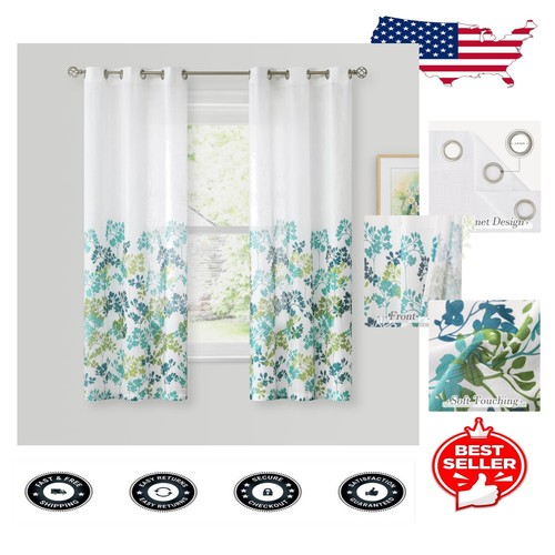 Elegant Teal Green Floral Semi-Sheer Curtains 42x63 with Grommet Top (2 Panels)