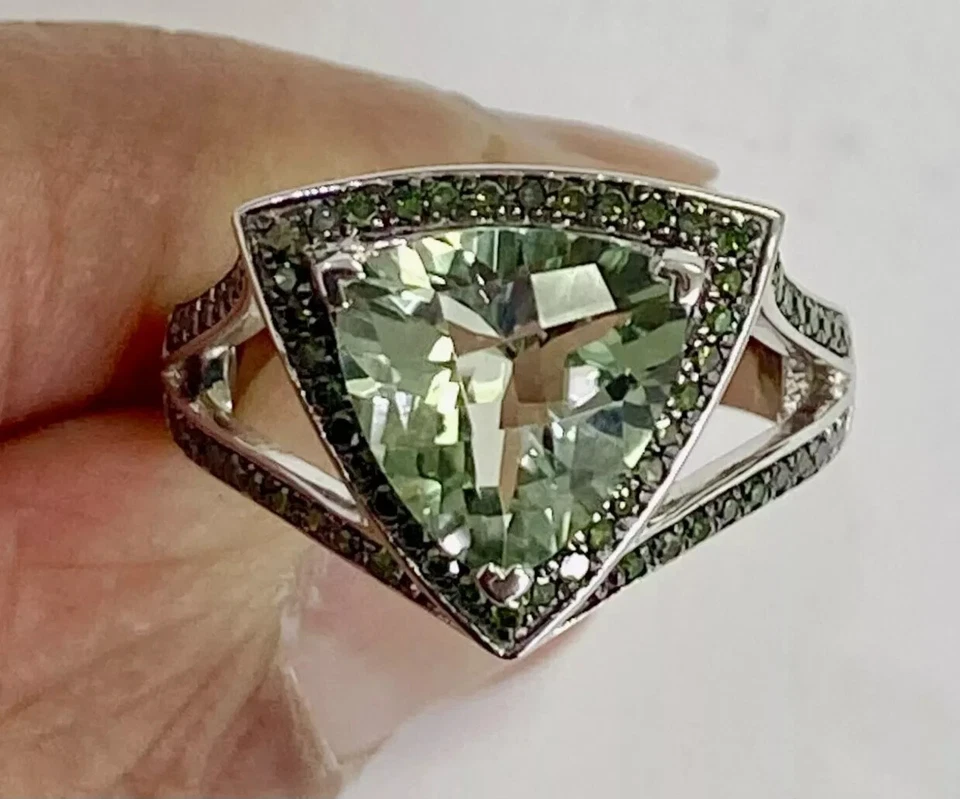 HSN Colleen Lopez Sterling Silver Trilliant Prasiolite Gem Diamond Ring Size 10 - Image 4 of 4