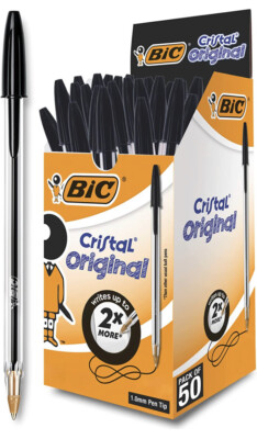 BIC Cristal Original, Black Ballpoint Pens, Medium Tip (1mm), Pack of 50
