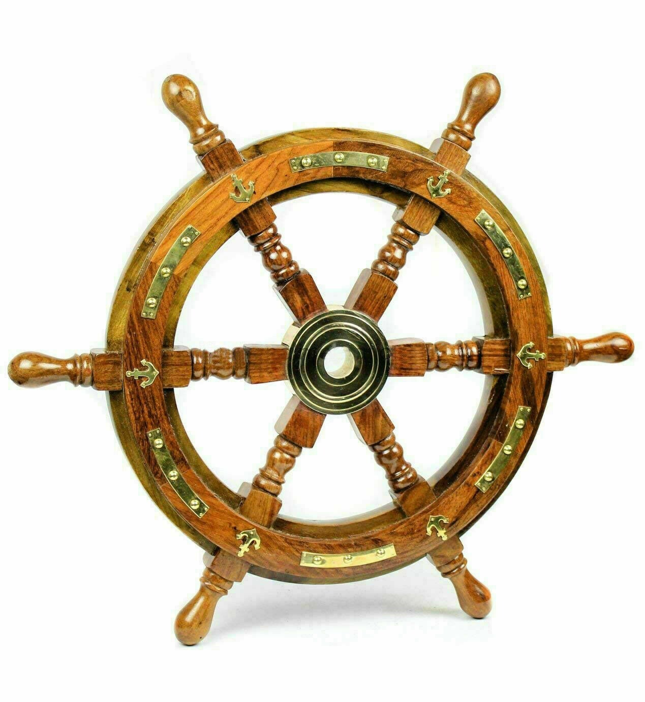 18inch Vintage Ship Wheel Wooden With Brass Anchor & Strips Wall Hanging Decor