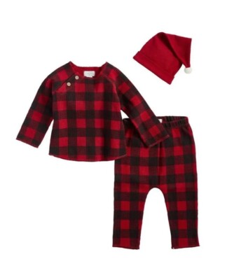 Mud Pie Alpine Village Red Buffalo Check 3-Piece Pants Set with Hat 0-3M NEW NWT