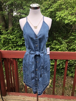 j brand denim dress J Brand $248 Denim Size M Chambray Dress Belted Pockets Button Down Frayed  Hem