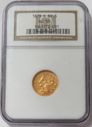 1873 S GOLD USA $2.5 LIBERTY HEAD $2 1/2 QUARTER EAGLE NGC ABOUT UNC 50