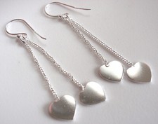 Double Hearts on Chains 925 Sterling Silver Dangle Earrings