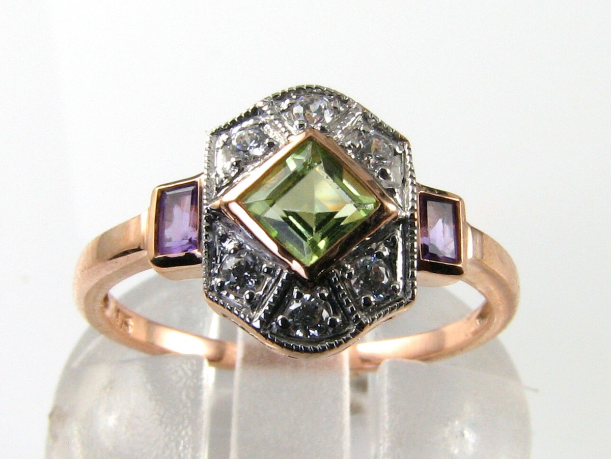 SUFFRAGETTE 9K 9CT ROSE GOLD PERIDOT AMETHYST DIAMOND ART DECO INS