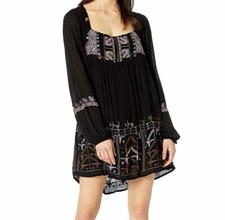 $189 Free People Women's Black Rhiannon Embroidered Babydoll Mini Dress Size S
