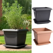 Square Classic Flowerpot With Saucer Planter Plant Pot Grey Terracotta Terra