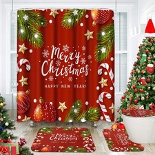Merry Christmas Bathroom Set with Shower Curtain and Rugs Accessories, Xmas B...