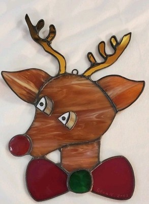 Christmas Rudolph Reindeer Stained Glass Leaded Window Sun Catcher 7'' x 9''