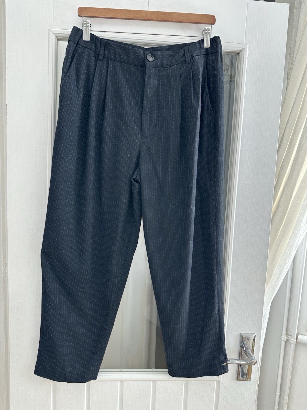 Zara Navy Blue Pin Striped Tapered Trousers Size Large
