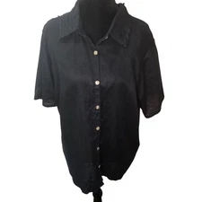 Avenue Black 100% Linen Button Front Shirt Short Sleeve Top Size 18/20
