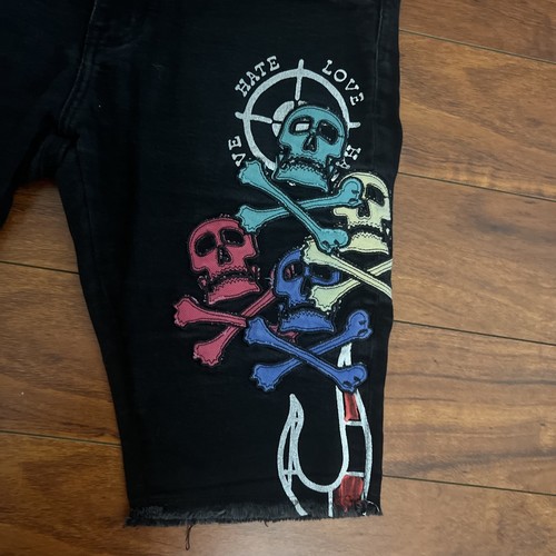 Crysp Denim Jean Shorts Jorts Men's 32 Black Stretch Denim Skull Embroidered Y2K - Picture 7 of 14