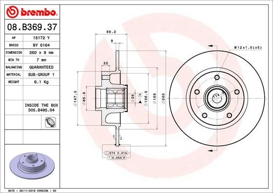 Disques de frein Brembo 08.B369.37 haute résistance avec roulement de moyeu étanche