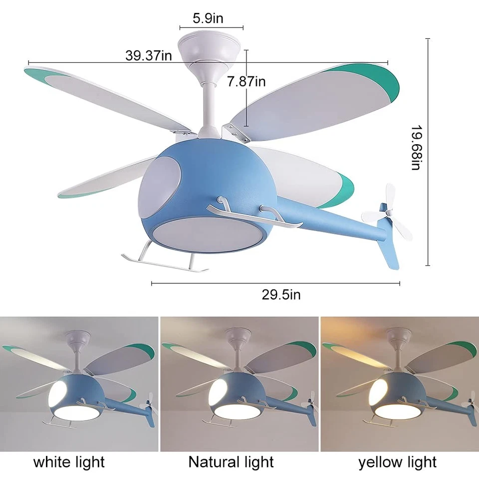 Children's Bedroom Helicopter Model Ceiling Fan with Lights 42 inch Remote Co... - Image 2 of 4