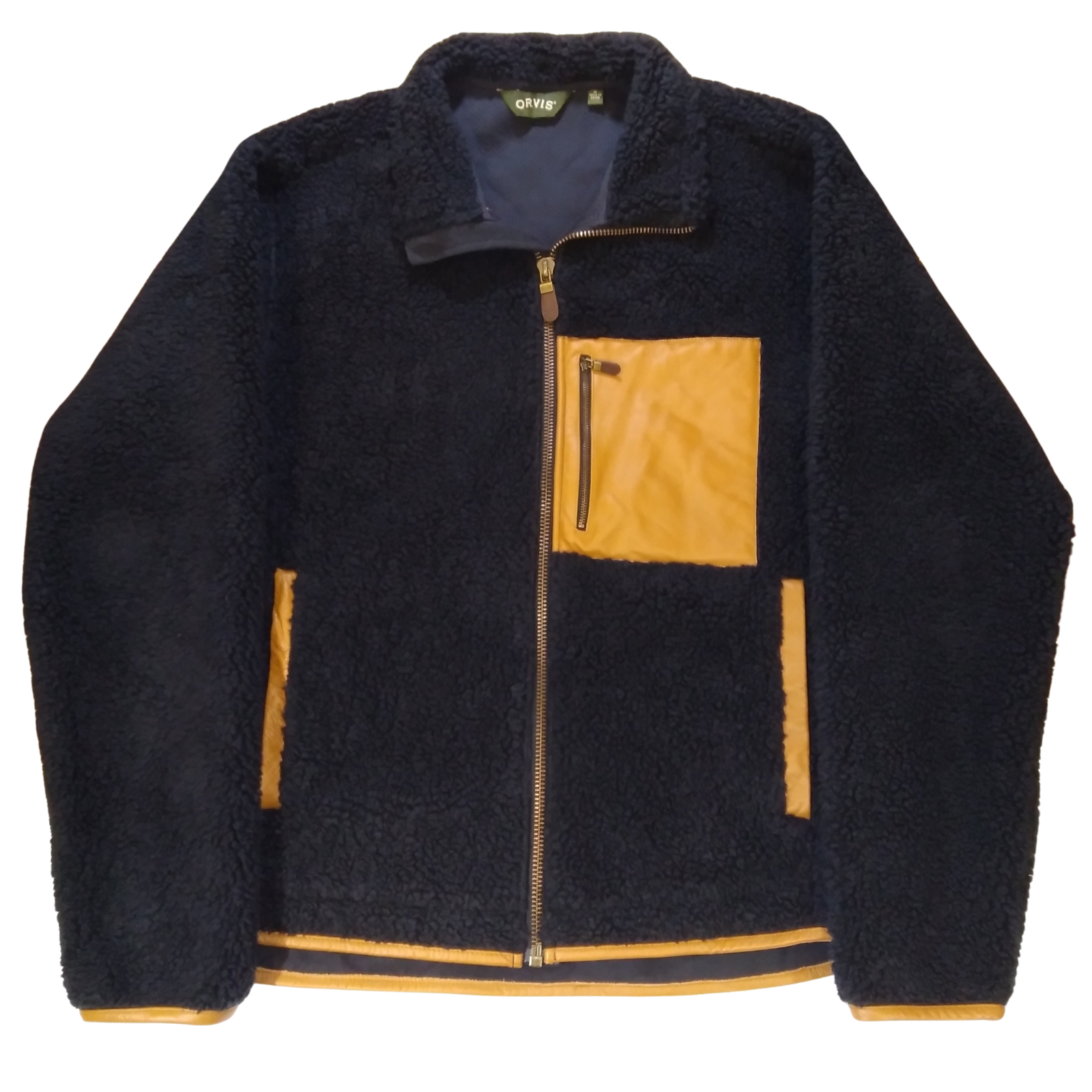 Orvis Jacket Deep Pile Sherpa Fleece Leather Trim Navy Blue Mens Medium