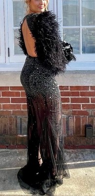 PROM !! BEADED FEATHER SLEEVES GOWN JOVANI sz 4 STRETCHY Worn For Pictures | eBay PROM !! BEADED FEATHER SLEEVES GOWN JOVANI sz 4 STRETCHY Worn For Pictures | eBay