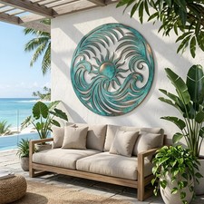 Coastal Ocean Waves Metal Sign, Beach House Sunburst Wall Art, Nautical Outdoor