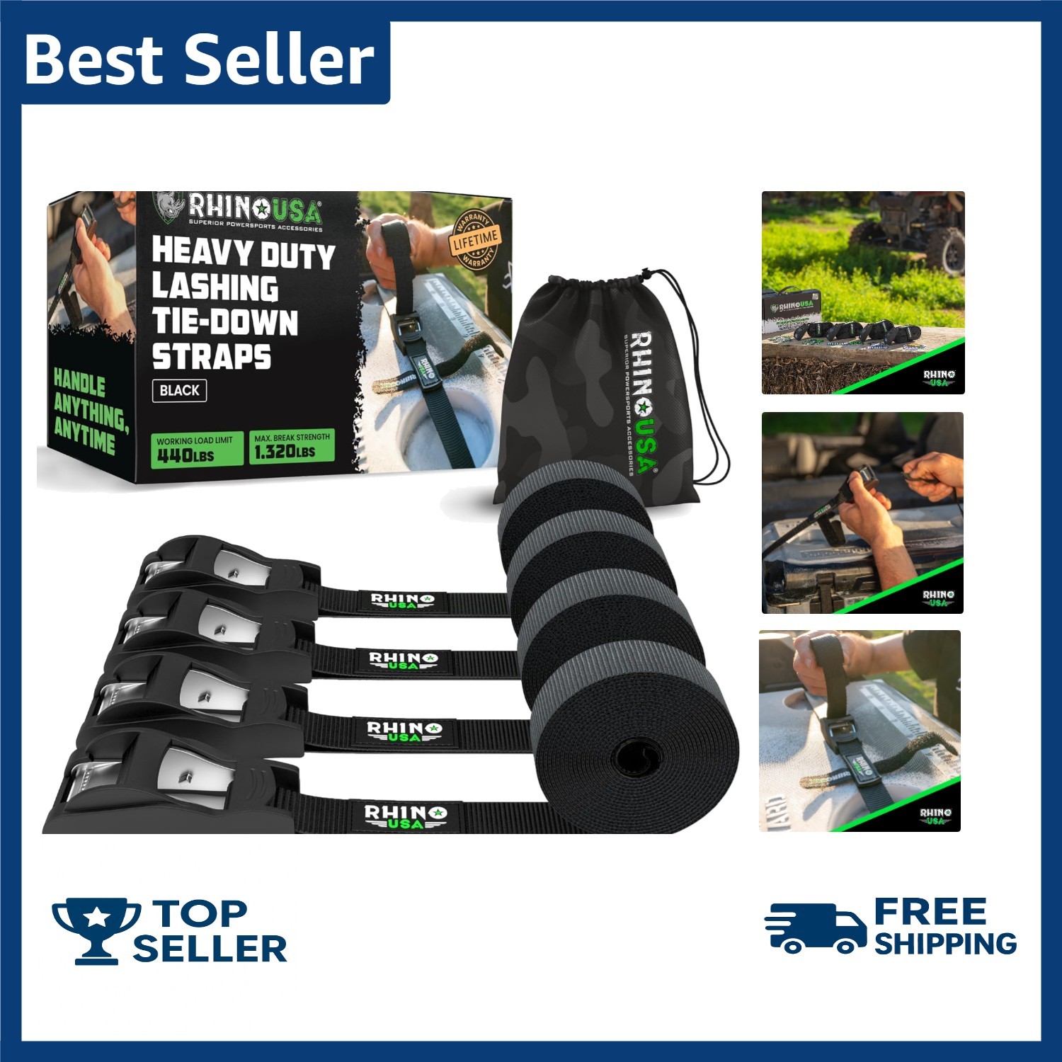 Rhino USA Ratchet Straps Tie Downs (4-Pack) - 1 Inch x 12 Feet (1,320lb Break